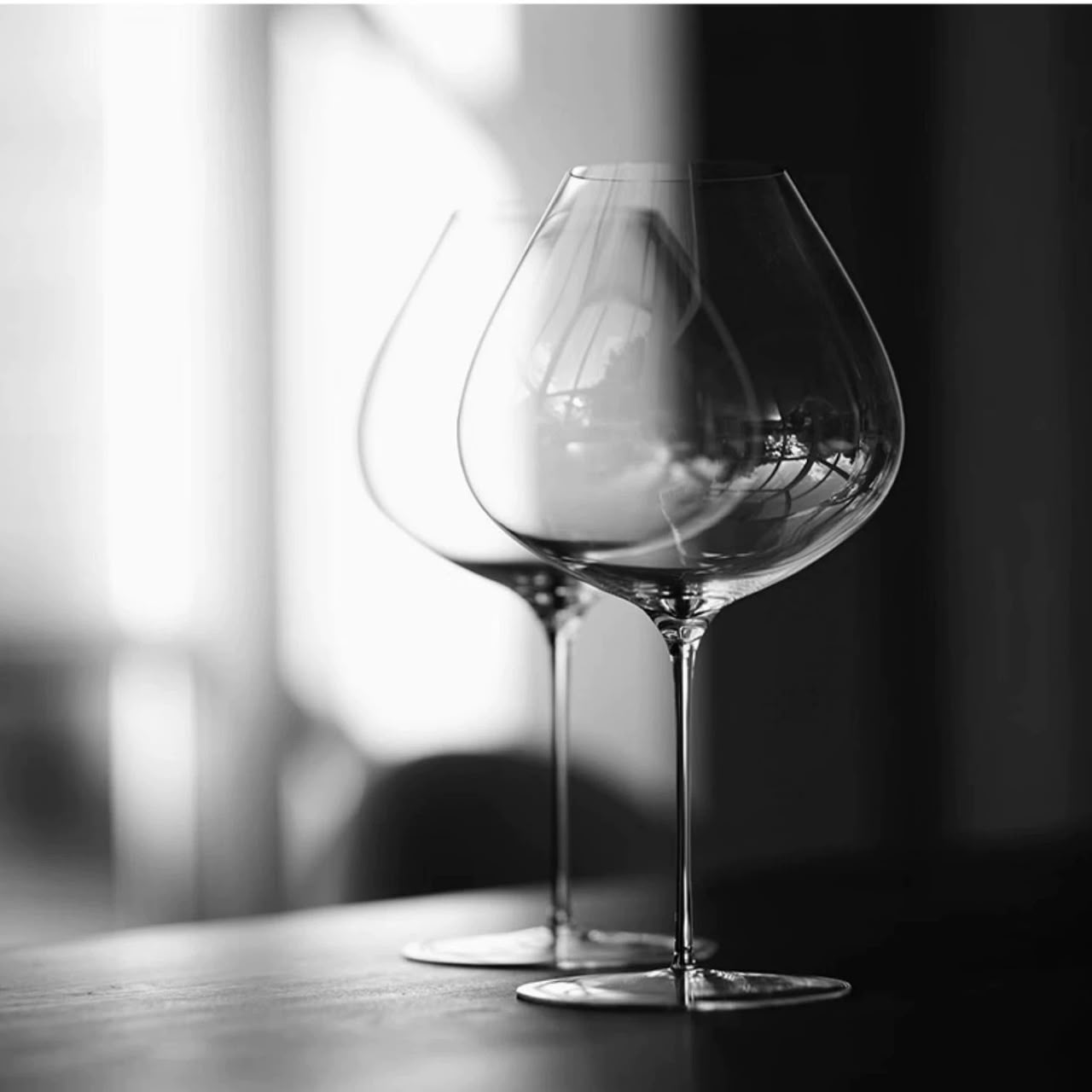 Two hand-blown wine glasses illuminated in black and white